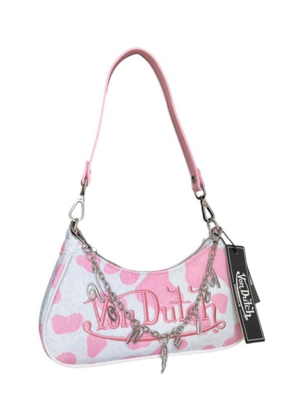Von Dutch Pink and White Cow Print Chain-Accent Shoulder Bag